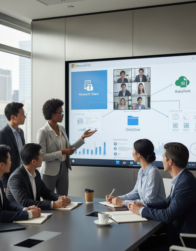 Image of a diverse team collaborating around a large interactive display showcasing the Microsoft 365 ecosystem. The display highlights key applications like Teams, SharePoint, and OneDrive.