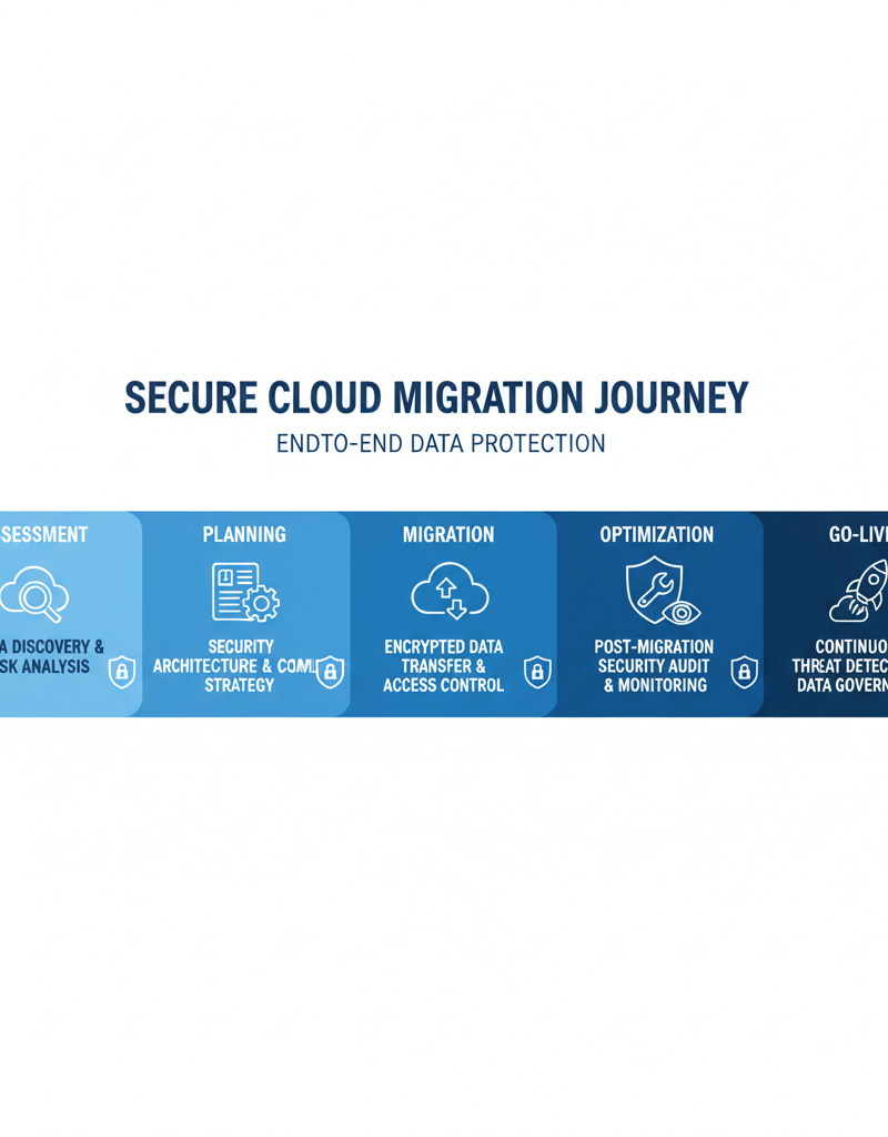Image of a progress bar showing the stages of a cloud migration, from assessment to go-live, emphasizing data security at each step.