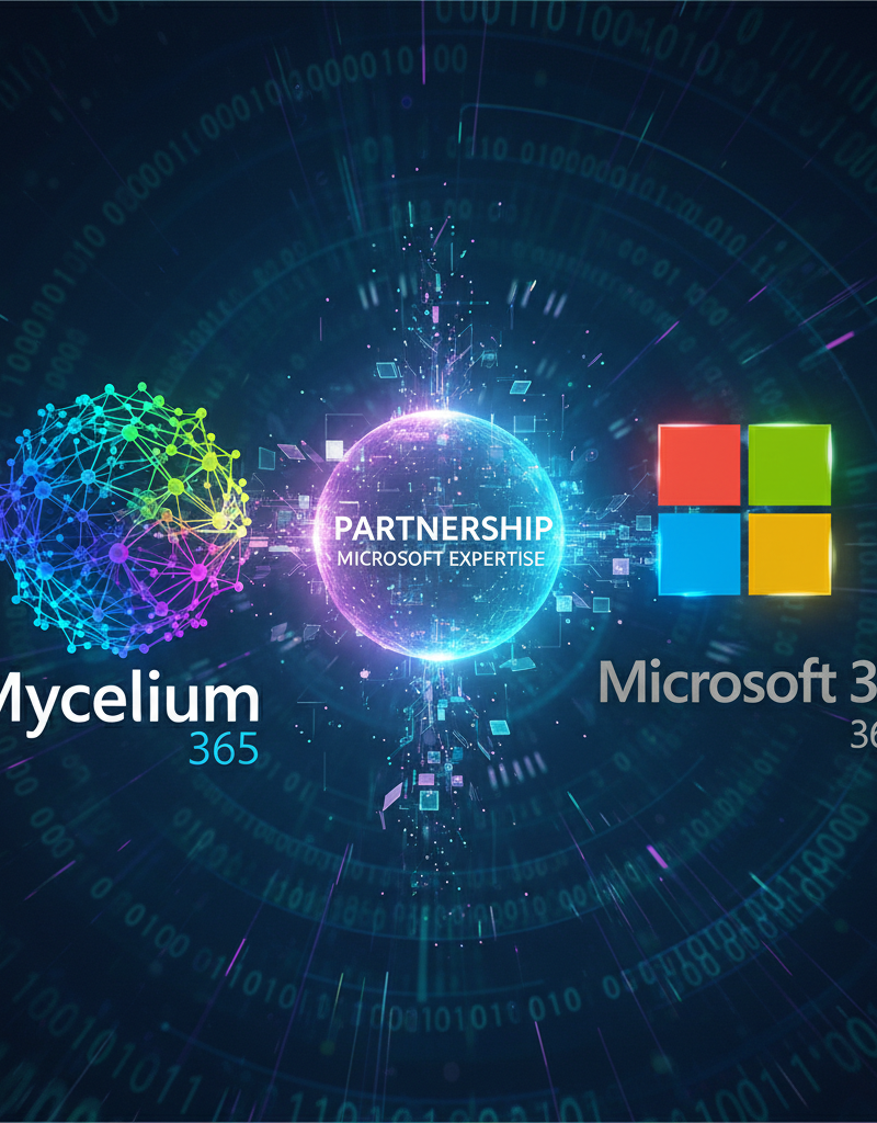 Image of the Mycelium 365 logo alongside the Microsoft 365 logo, symbolizing a strong partnership and expertise in Microsoft technologies.