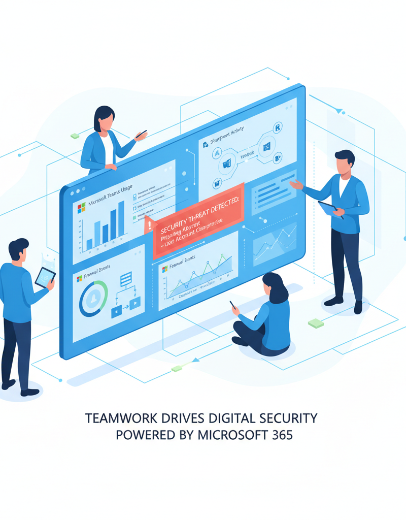 A team of IT professionals collaborating around a large screen displaying Microsoft 365 dashboards and security alerts