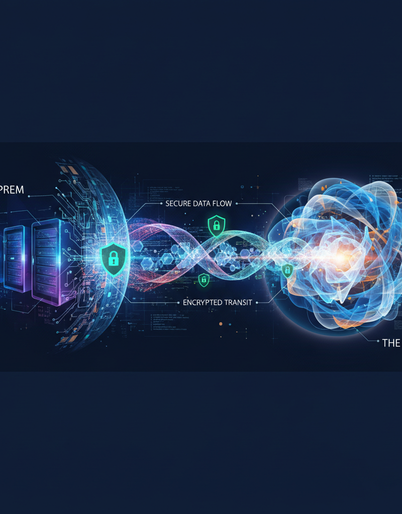 A visual representation of data flowing from on-premise servers to the cloud, highlighting security measures and data encryption
