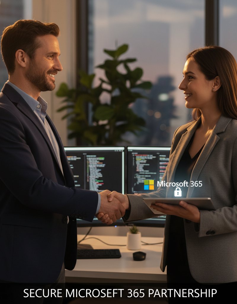 A satisfied business owner shaking hands with an IT consultant, symbolising a successful partnership and a secure Microsoft 365 environment