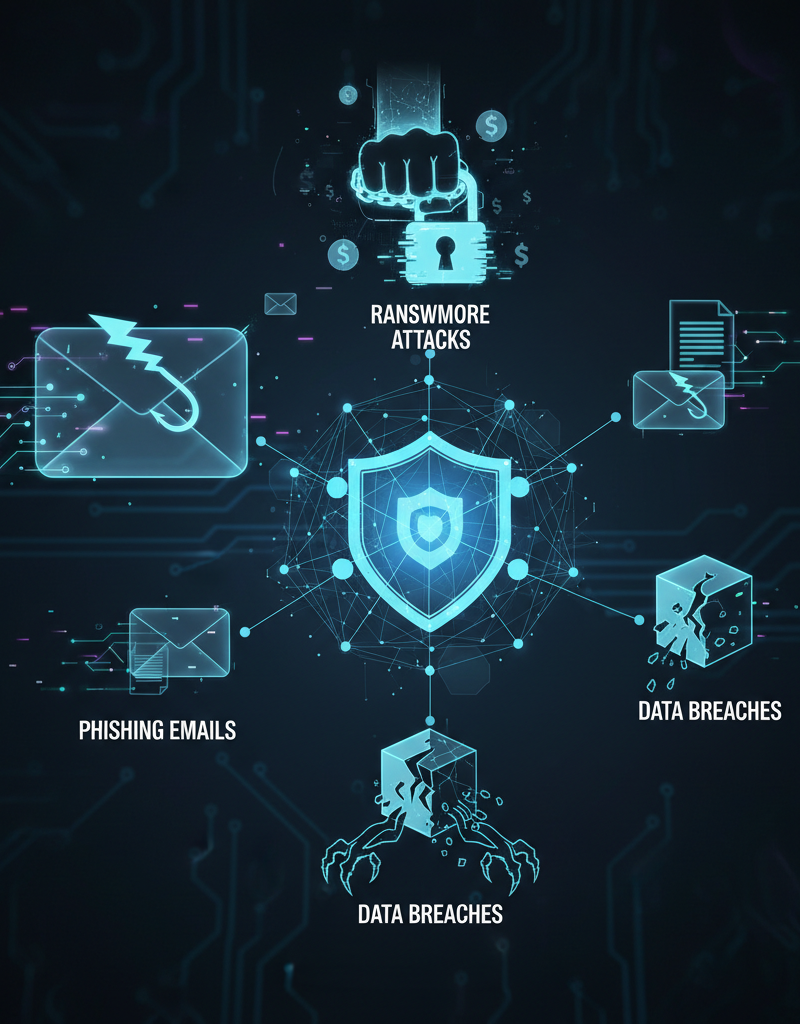 A graphic depicting various cyber threats targeting a business network, including phishing emails, ransomware attacks, and data breaches.