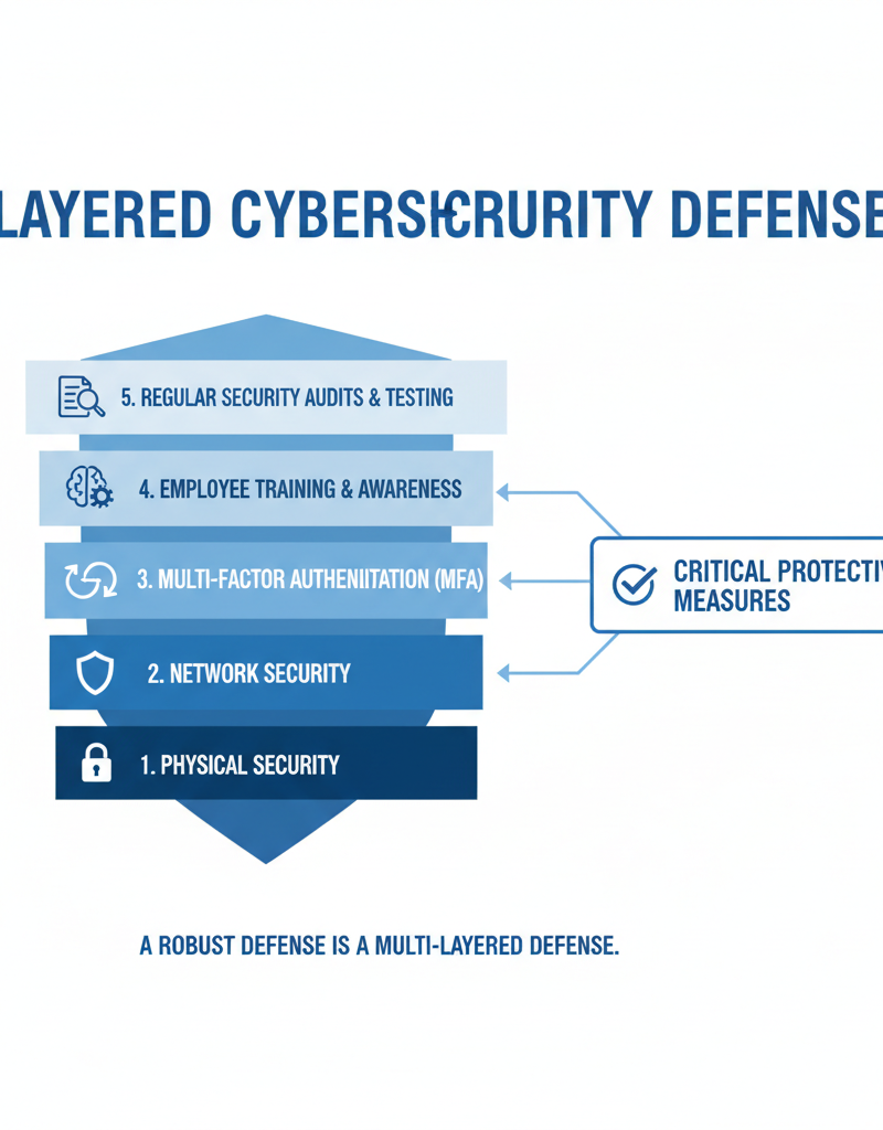 A diagram showing a layered approach to cybersecurity, highlighting the importance of multi-factor authentication, employee training, and regular security audits.