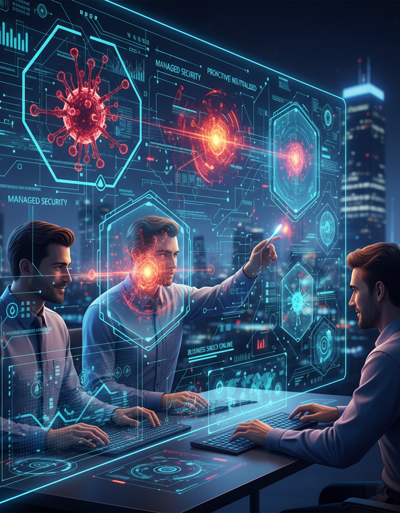 A team of IT professionals monitoring a cybersecurity dashboard, highlighting the proactive approach of managed IT services in protecting businesses from cyber threats.