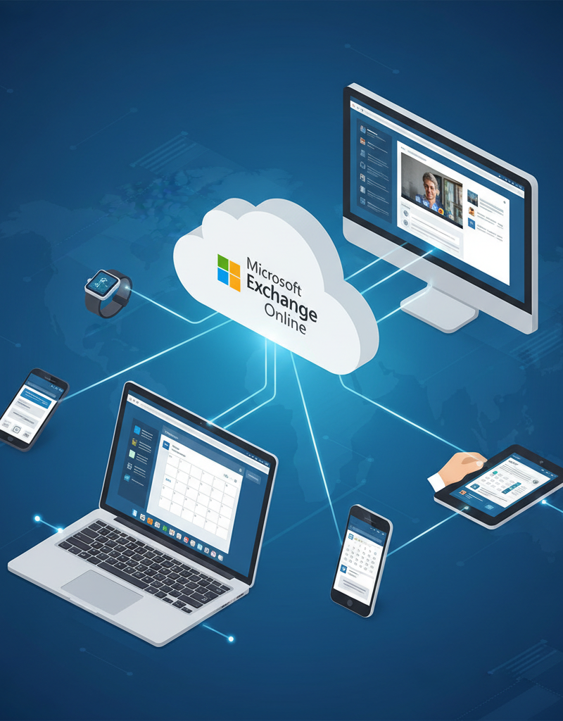 Illustration of various devices accessing Exchange Online, emphasizing accessibility and cloud connectivity
