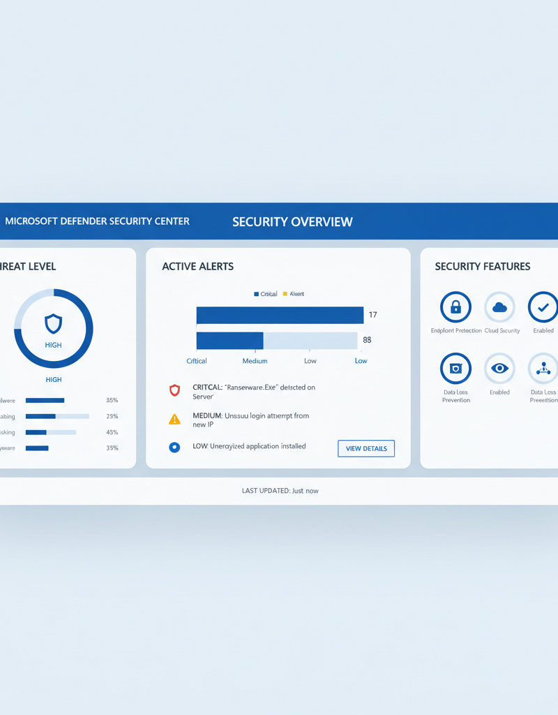 Screenshot of the Microsoft Defender dashboard showing security alerts and threat levels