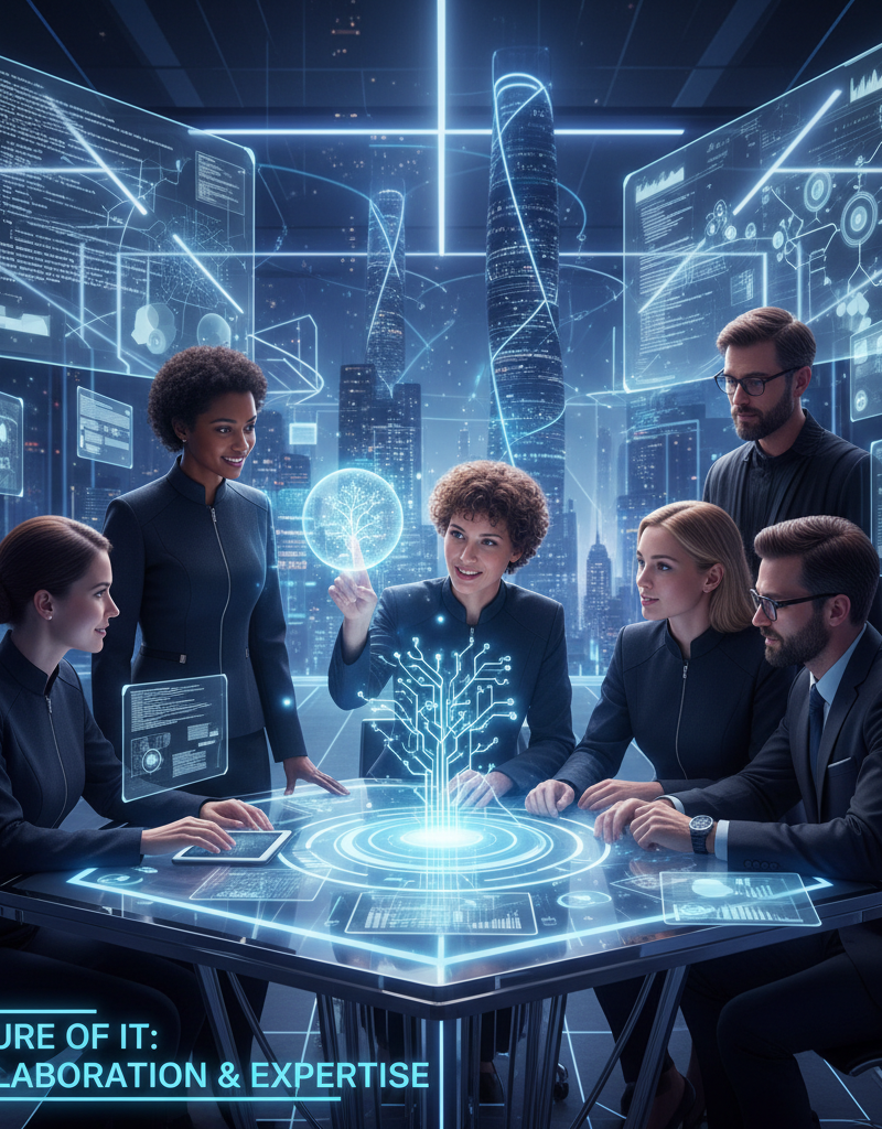 Team of IT professionals collaborating around a table, showcasing expertise and partnership
