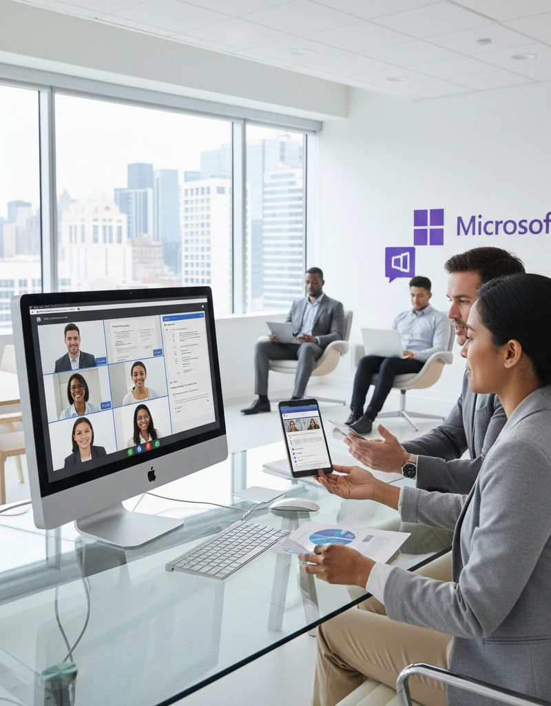 Employees collaborating on a project using Microsoft Teams on various devices, showcasing the flexibility and accessibility of Microsoft 365.