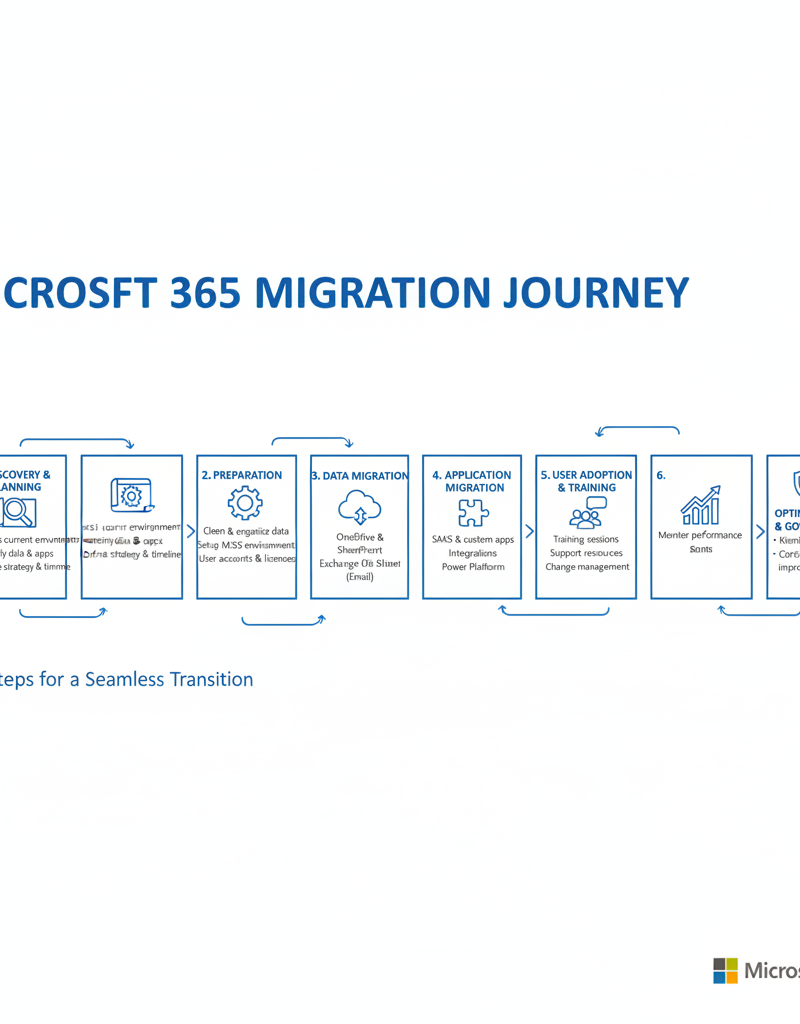 A diagram illustrating the process of migrating data and applications to Microsoft 365, highlighting the key steps involved.
