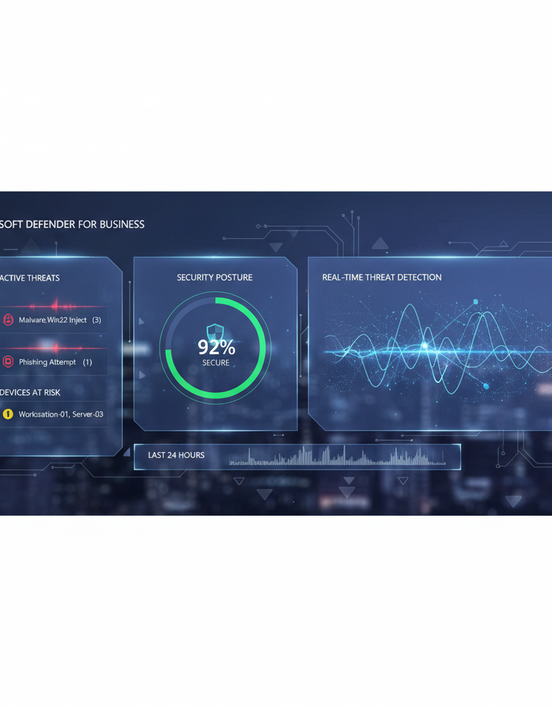 A screenshot of the Microsoft Defender for Business dashboard, showcasing the security features and threat detection capabilities of the platform.