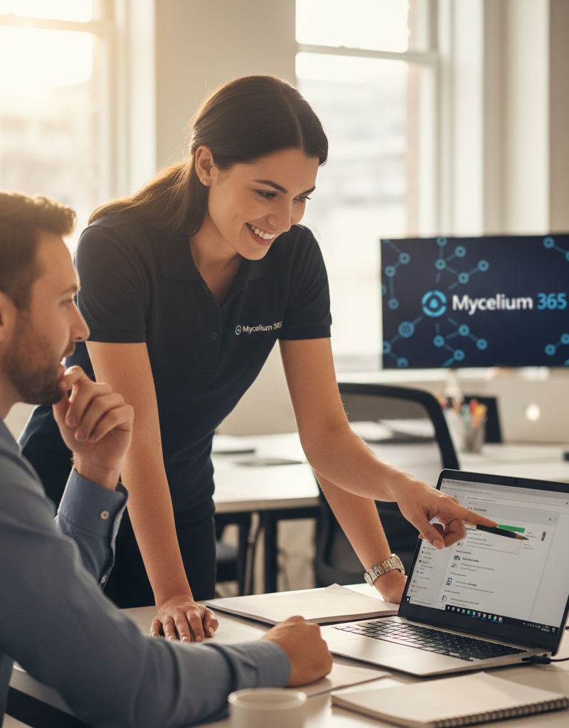 A Mycelium 365 team member assisting a client with their Microsoft 365 setup, highlighting the personalized support and expertise offered by the company.