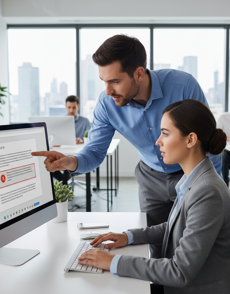 A support technician assisting a user with a Microsoft 365 issue on their computer. The technician is pointing to the screen and explaining a solution, while the user listens attentively. The background shows a modern office environment.