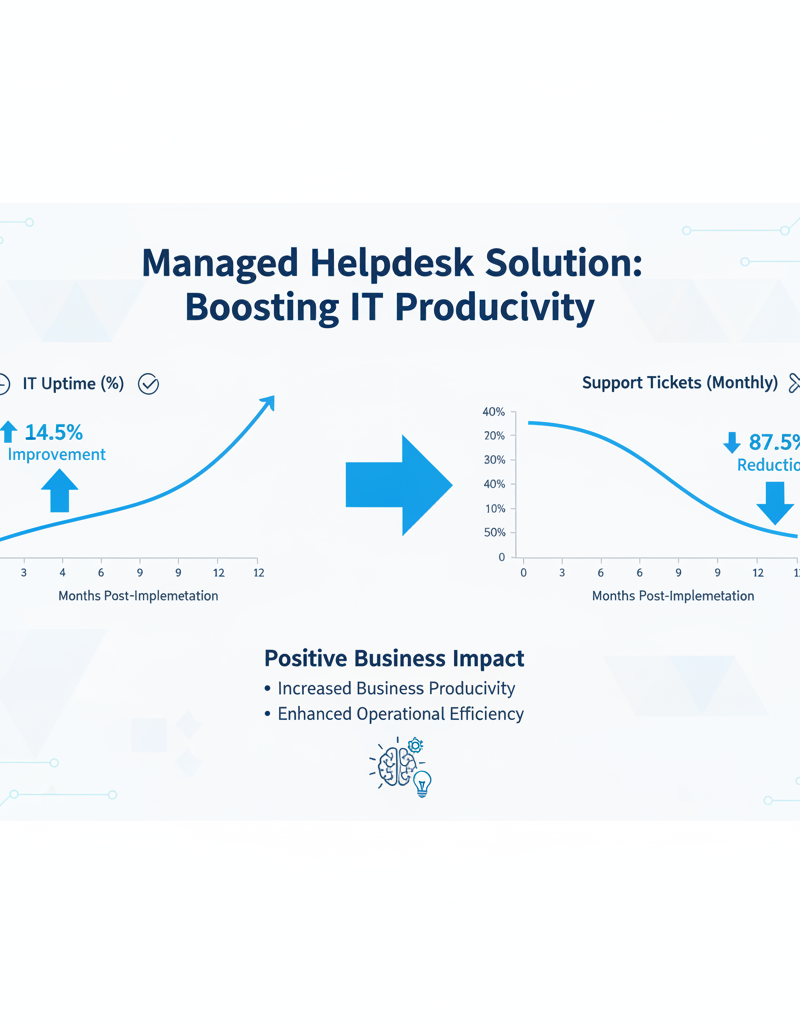 A graph showing improved IT uptime and reduced support tickets after implementing a managed helpdesk solution. The graph highlights the positive impact on business productivity and efficiency.