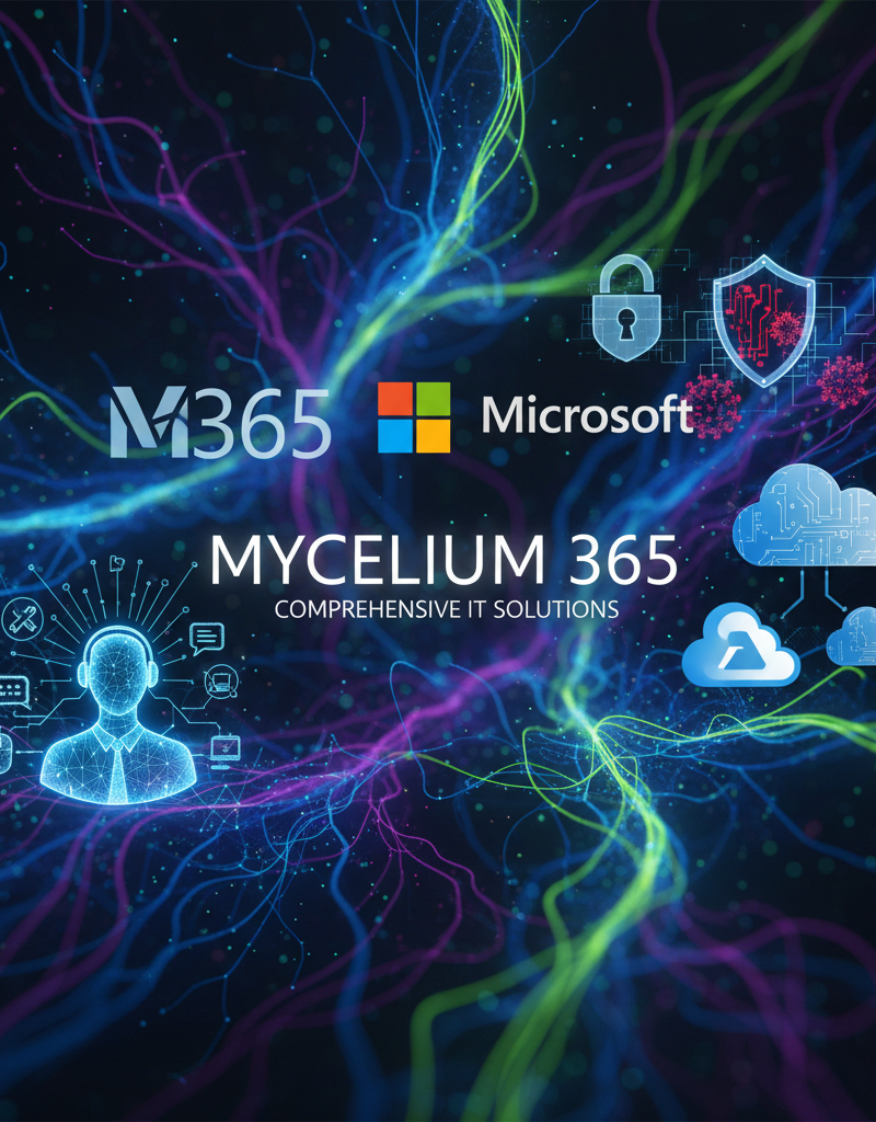 A collage of images representing Mycelium 365's services, including Microsoft 365 logos, Azure icons, cybersecurity symbols, and helpdesk support images. The collage visually represents the company's comprehensive IT solutions.