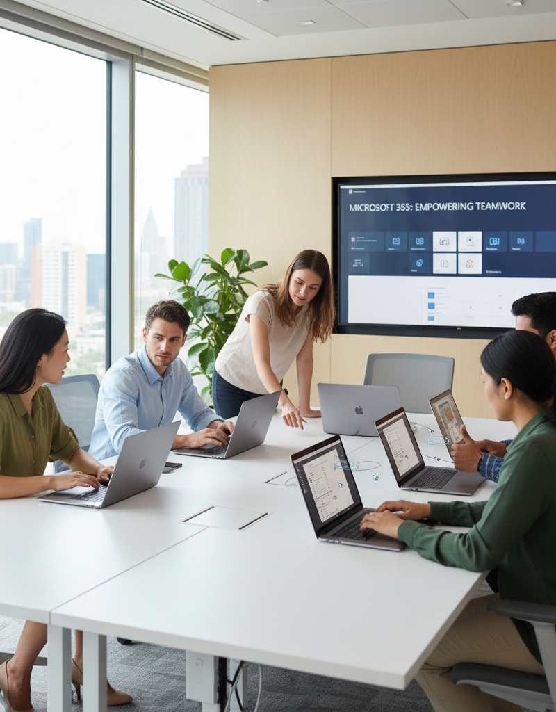 A diverse team collaborating seamlessly on laptops in a modern, bright office environment, showcasing the collaborative power of Microsoft 365.