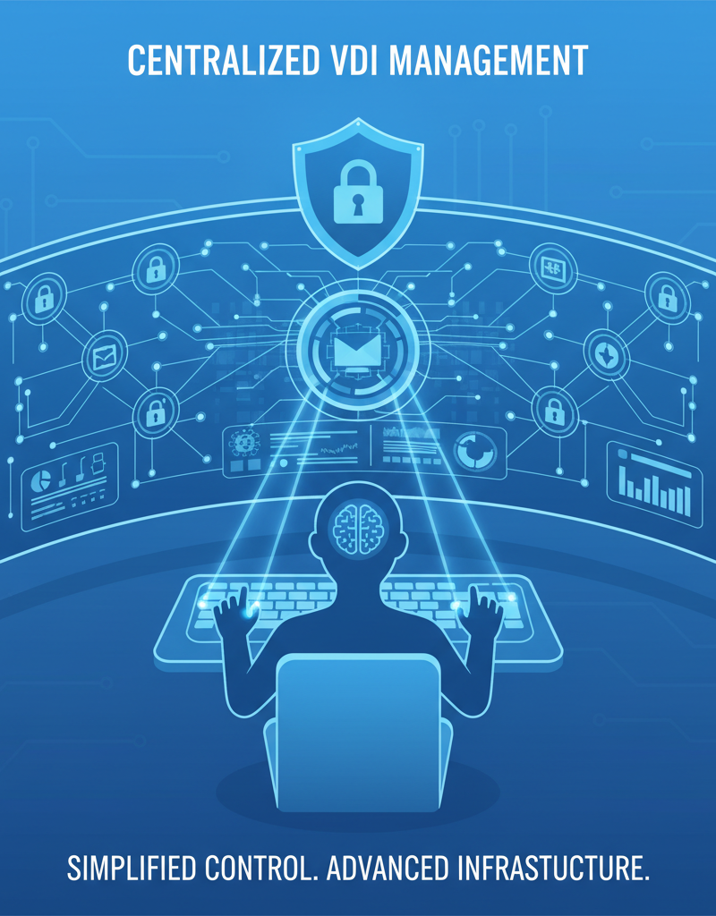 An IT professional configuring a virtual desktop environment on a large monitor, highlighting the centralized management aspect of VDI solutions.