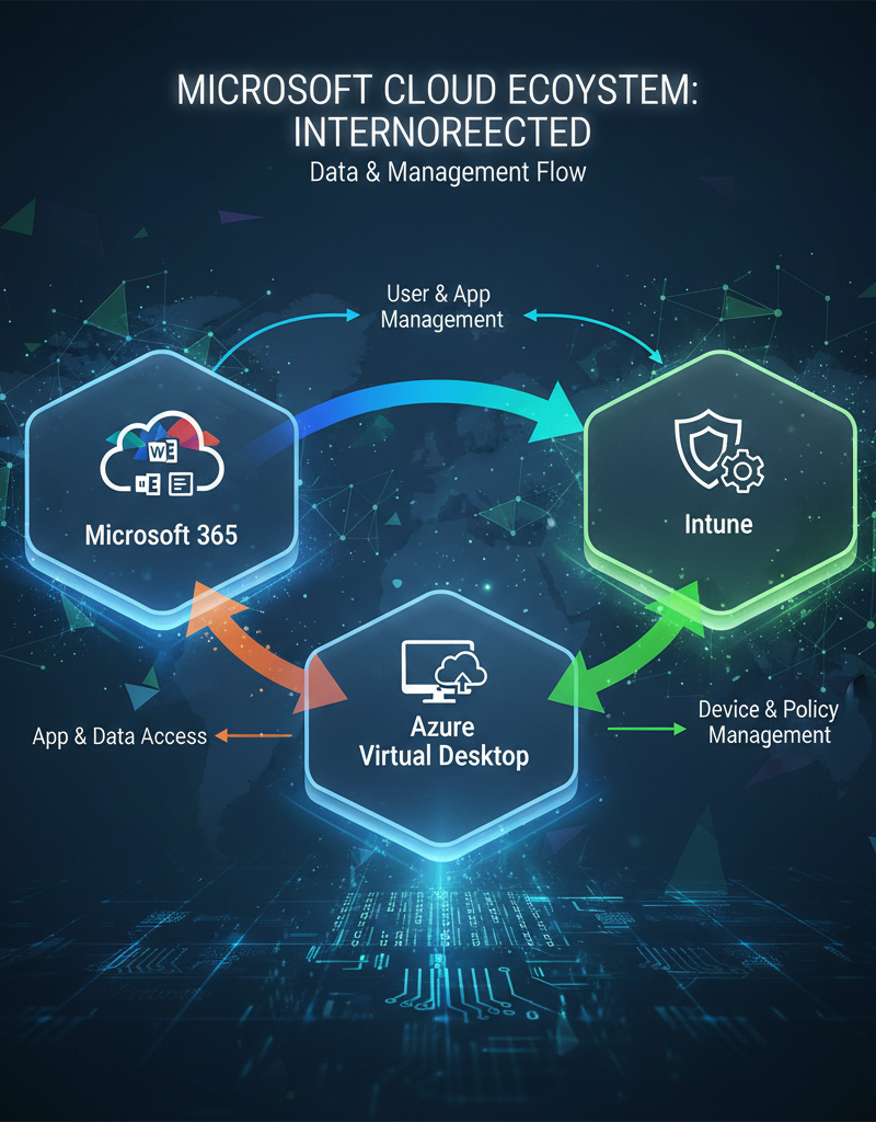 A diagram illustrating the interconnectedness of Microsoft 365, Intune, and Azure Virtual Desktop, highlighting the flow of data and management between the three platforms.