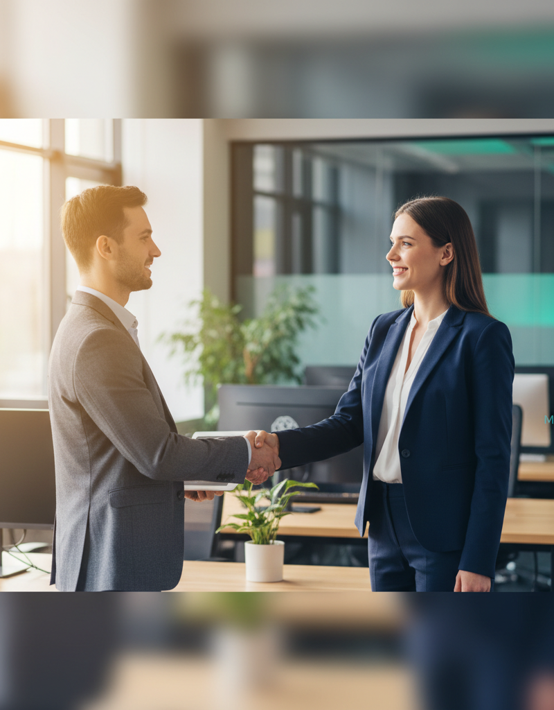 A Mycelium 365 consultant smiling and shaking hands with a client in a modern office setting, representing a partnership approach to IT solutions.