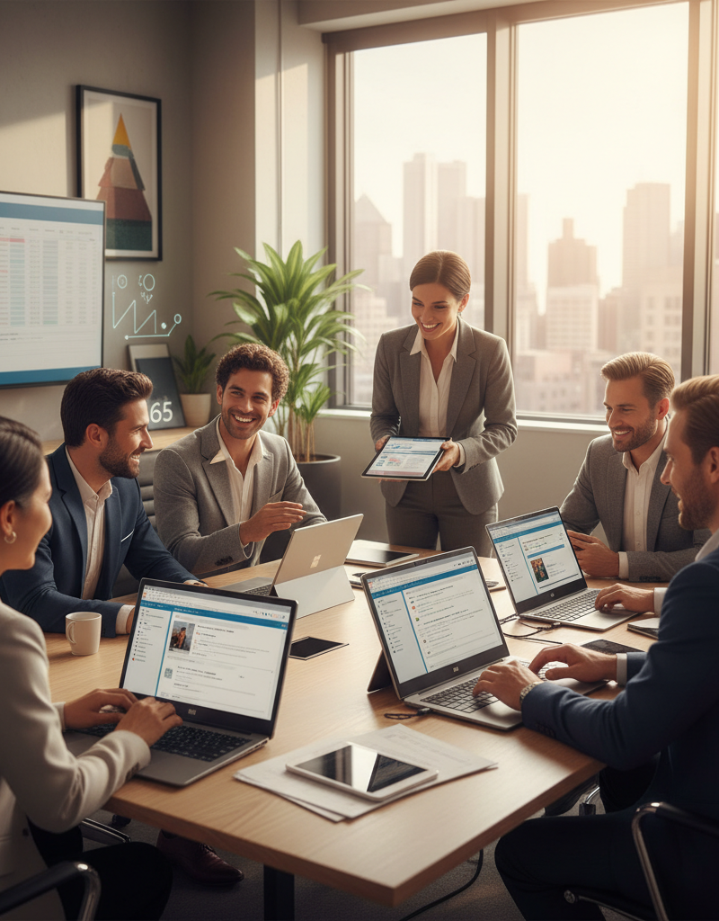 A happy business team collaborating effectively using Microsoft 365 tools, symbolizing the benefits of optimized IT support.
