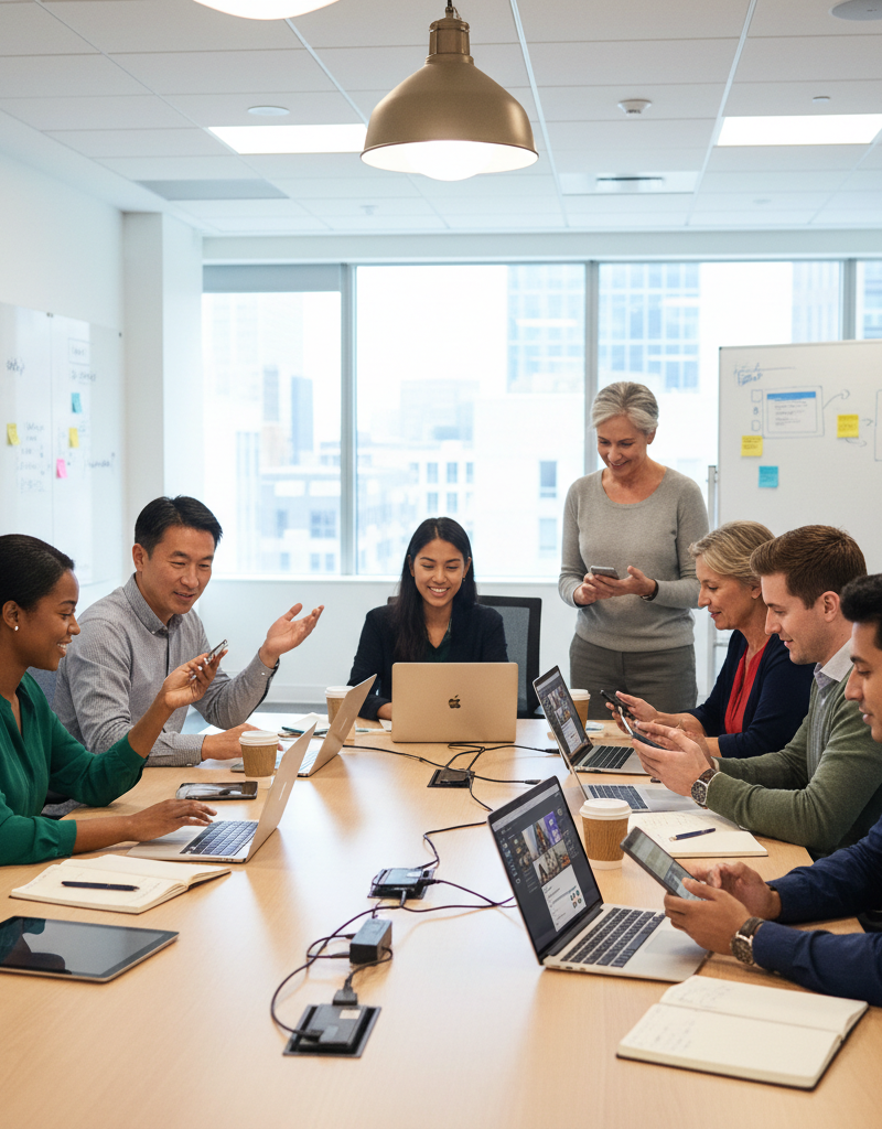 A diverse team collaborating on a project using Microsoft Teams on various devices (laptops, tablets, smartphones) in a modern office setting. The atmosphere is energetic and focused.