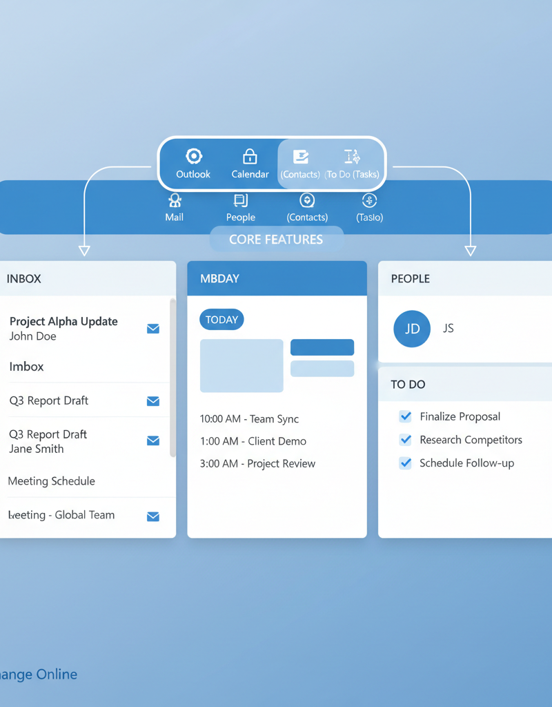 A screenshot of the Microsoft Exchange Online interface, highlighting features such as email, calendar, contacts, and tasks. The interface is clean, modern, and user-friendly.