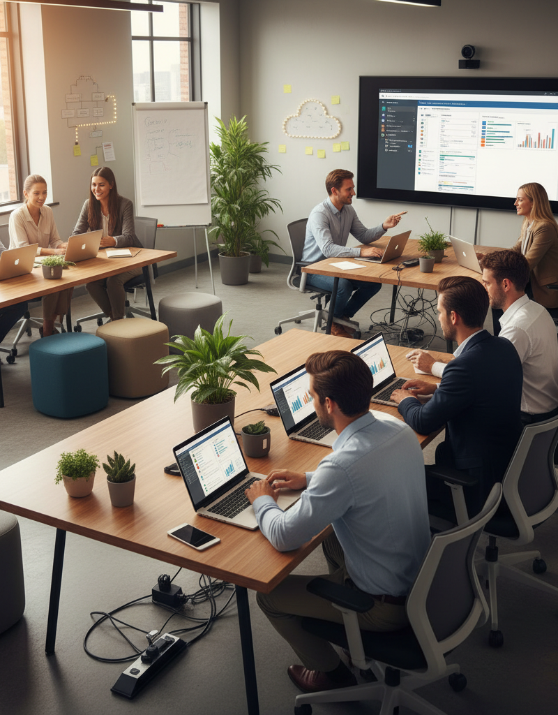 A modern office environment with employees working collaboratively on laptops, showcasing the benefits of a well-managed Microsoft 365 environment. The overall atmosphere is productive and efficient.