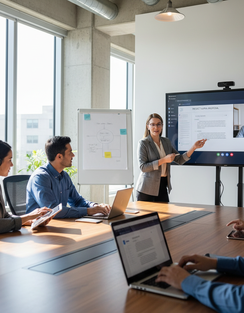 Team members collaborating on a Microsoft Teams call, sharing documents and ideas. The scene is set in a modern office environment with natural light.