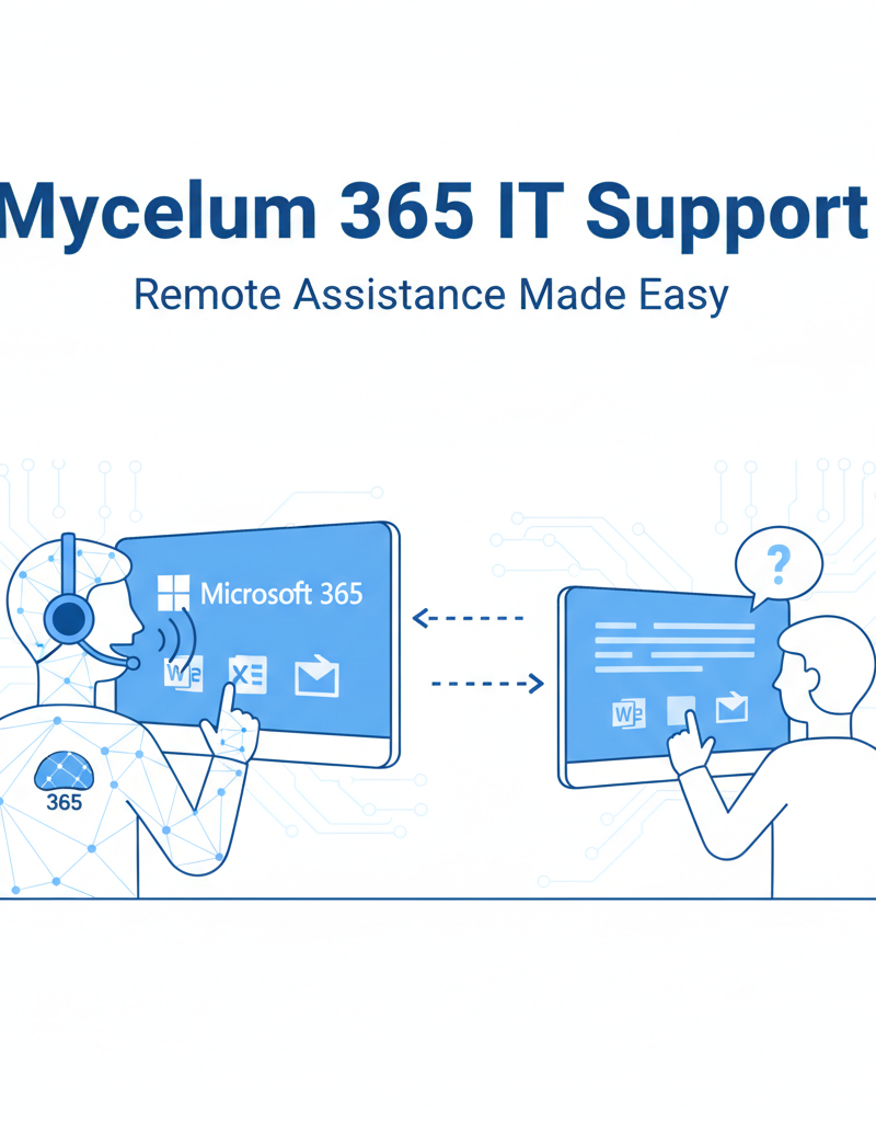 A Mycelium 365 IT support technician assisting a client remotely. The technician is using a headset and looking at a computer screen with a Microsoft 365 application open.