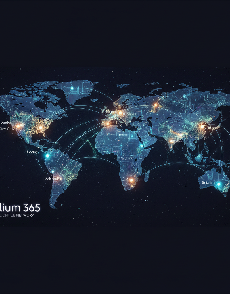 A world map highlighting Mycelium 365's office locations in Melbourne, Sydney, Perth, Brisbane, and international cities.