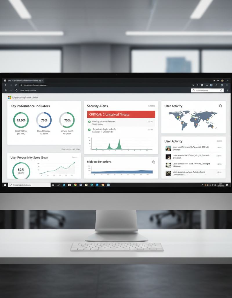 A dashboard view of Microsoft 365 admin center showcasing key performance indicators, security alerts, and user activity.