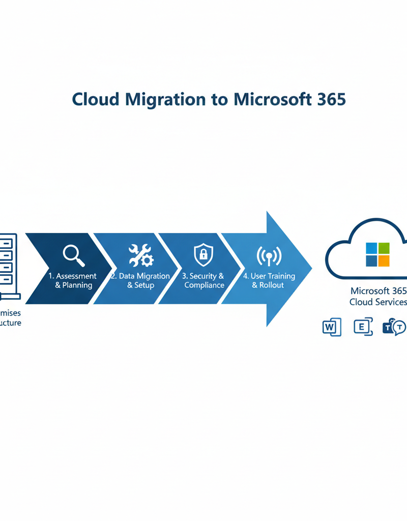 A diagram illustrating the cloud migration process from on-premises servers to Microsoft 365 cloud services.
