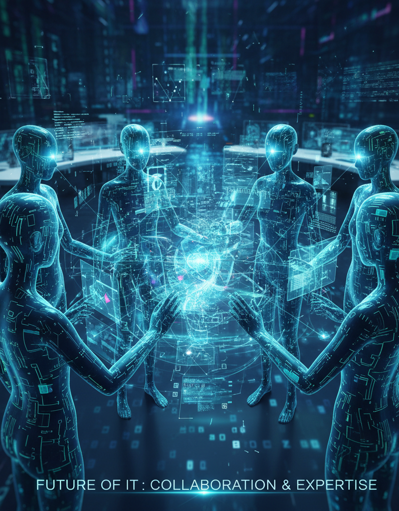A team of IT professionals working collaboratively in a modern office environment, demonstrating teamwork and expertise.
