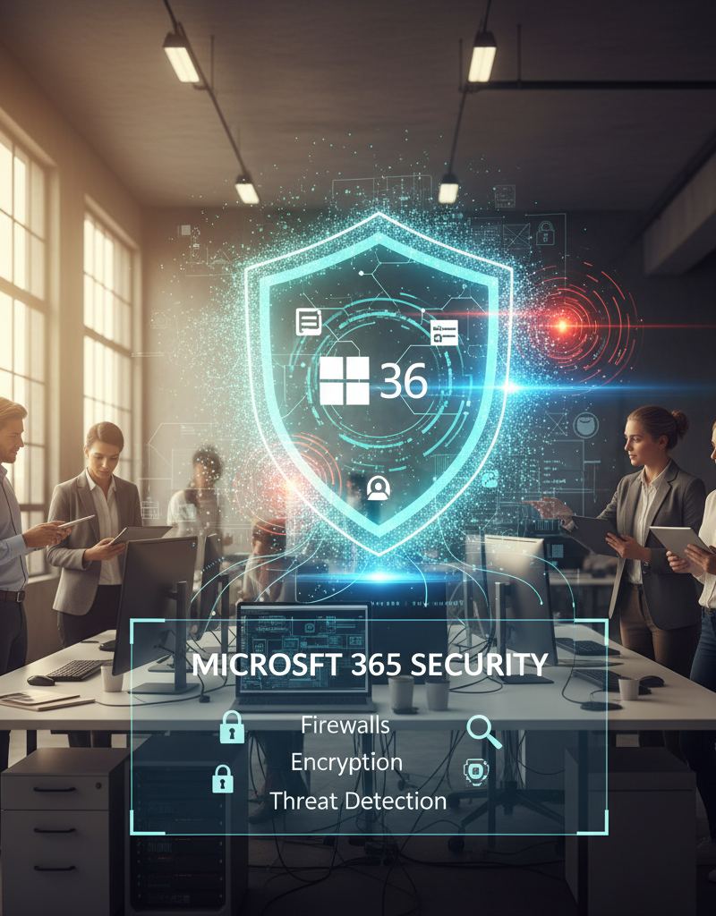 A graphic representation of cybersecurity measures protecting data within a Microsoft 365 environment, including firewalls, encryption, and threat detection.