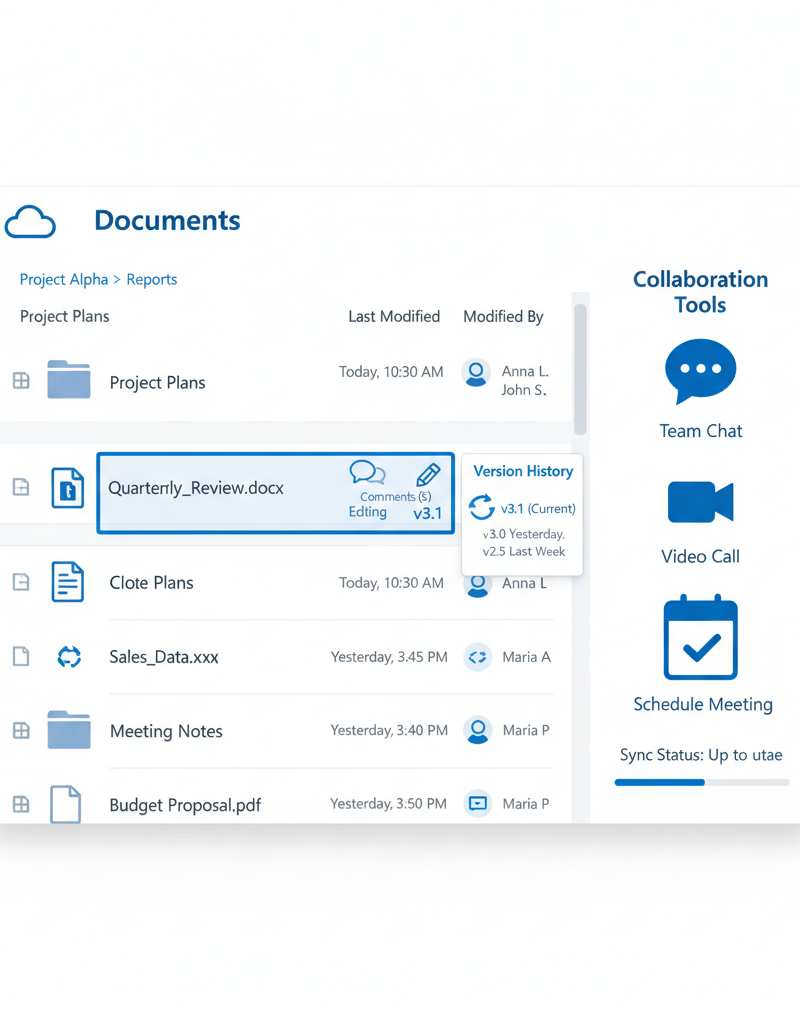 Screenshot of a SharePoint document library showcasing files and folders, highlighting version history and collaboration features.