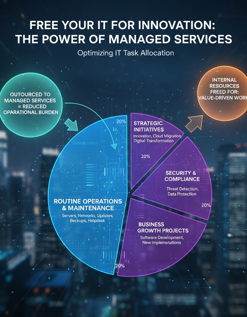 A pie chart showing the breakdown of IT tasks, highlighting the benefits of outsourcing managed IT services to free up internal resources.