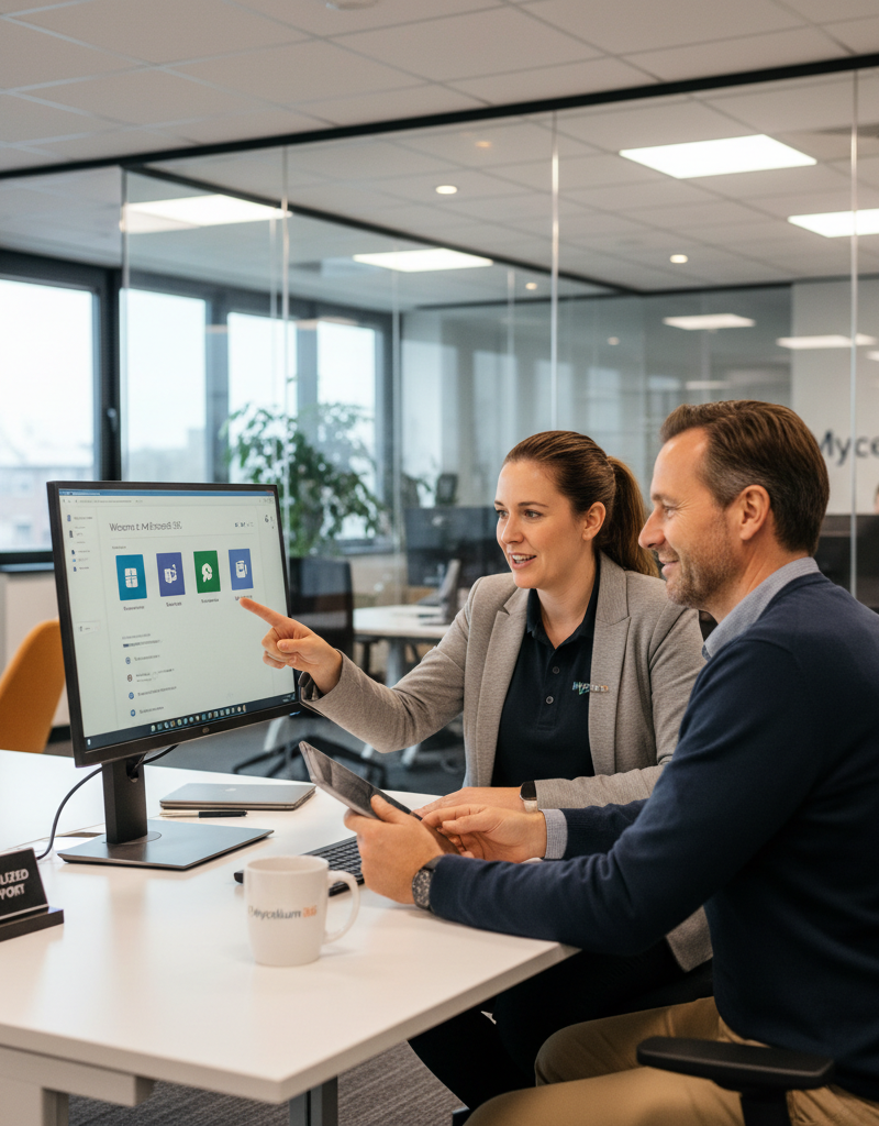 A Mycelium 365 team member assisting a client with their Microsoft 365 setup, showcasing personalized IT support.