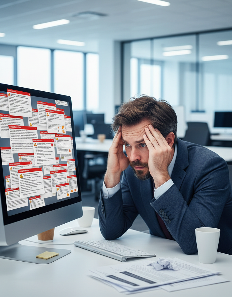 Office worker looking stressed at a computer screen surrounded by migration error messages. The background is a blurred office environment.