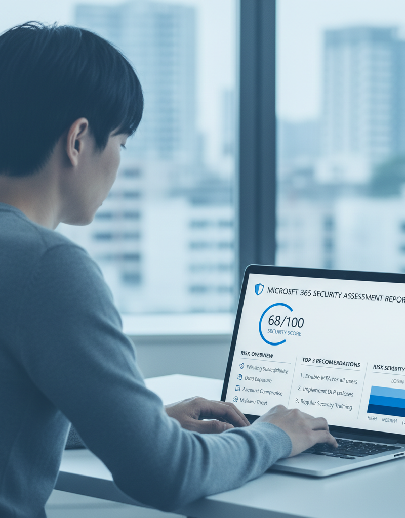 A detailed report from a Microsoft 365 security assessment tool, showing various security risks and recommendations. The report is displayed on a laptop screen, with a person reviewing it in the background.