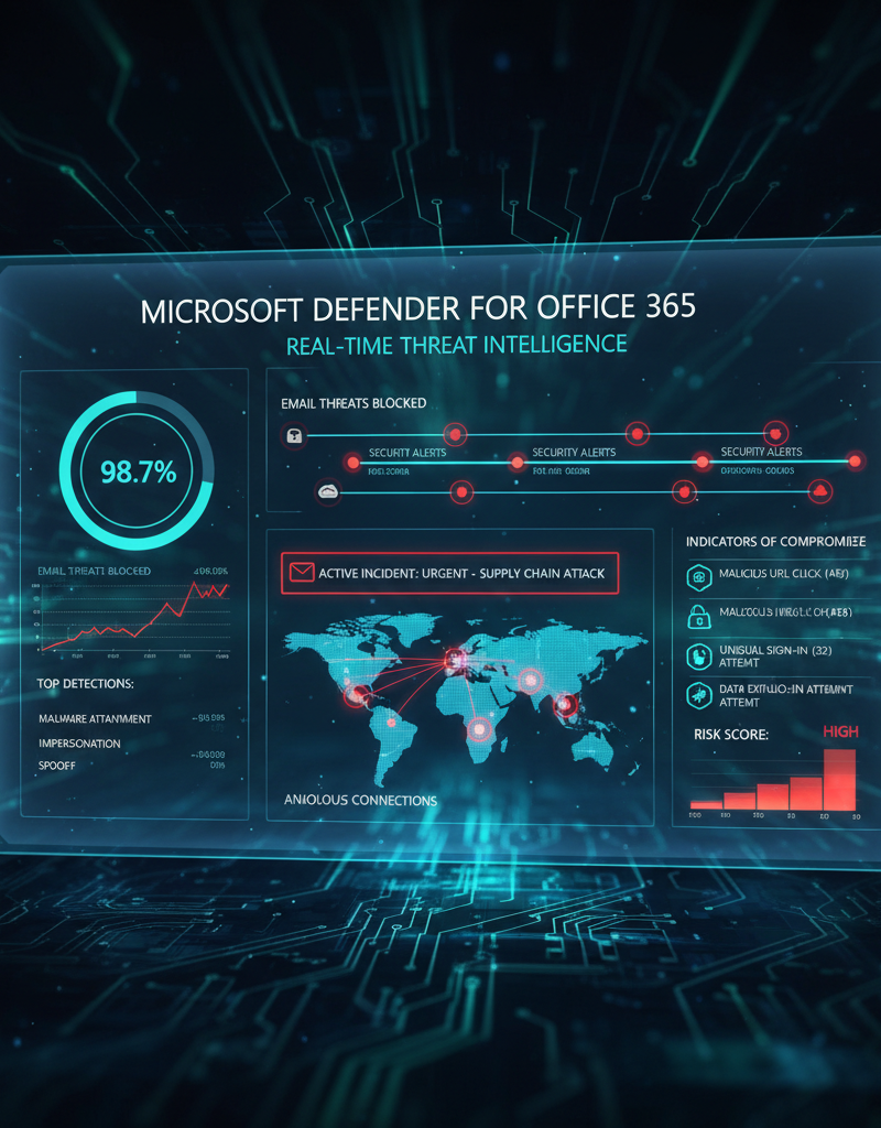 A dashboard displaying real-time threat detections and security alerts in Microsoft Defender for Office 365. The dashboard shows various security metrics and indicators of compromise.