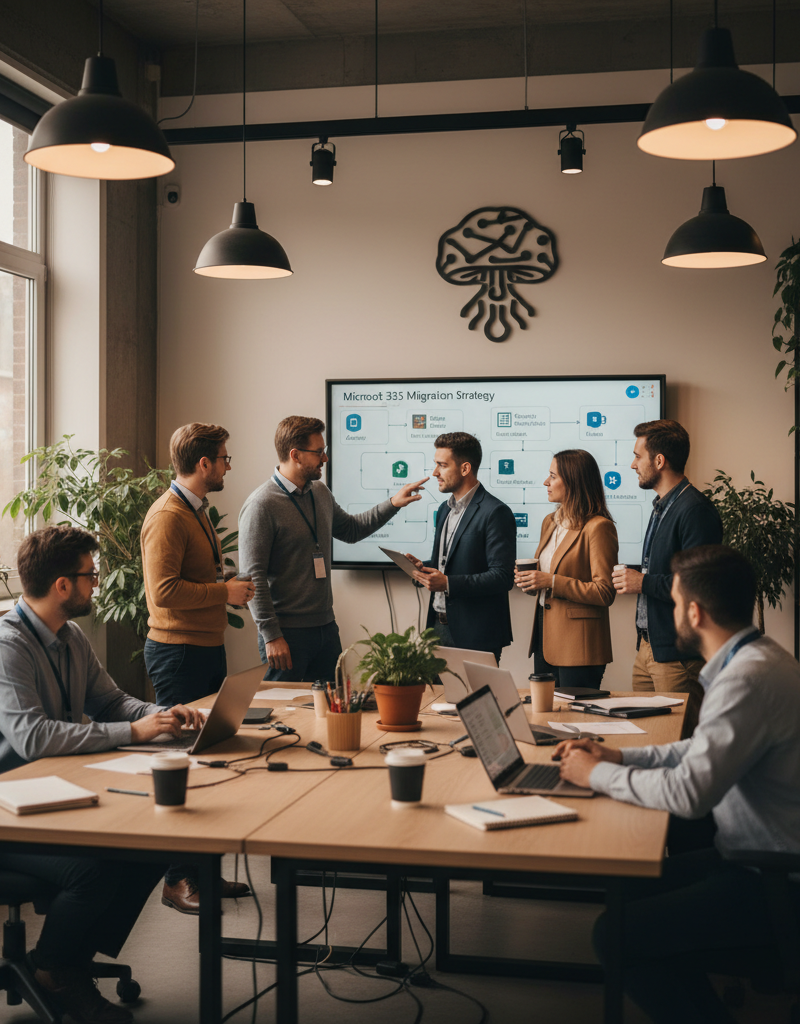 A team of Mycelium 365 IT specialists working collaboratively in a modern office environment, discussing a Microsoft 365 migration strategy.