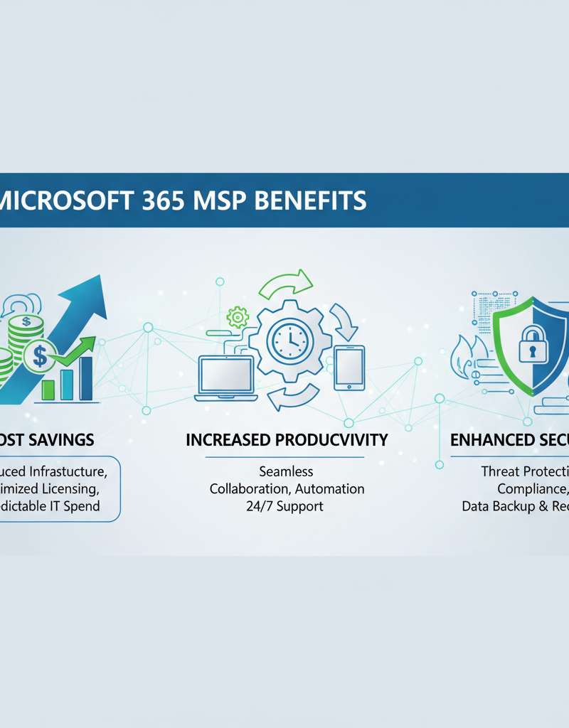 A graphic illustrating the benefits of using a Microsoft 365 MSP, including cost savings, increased productivity, and enhanced security.