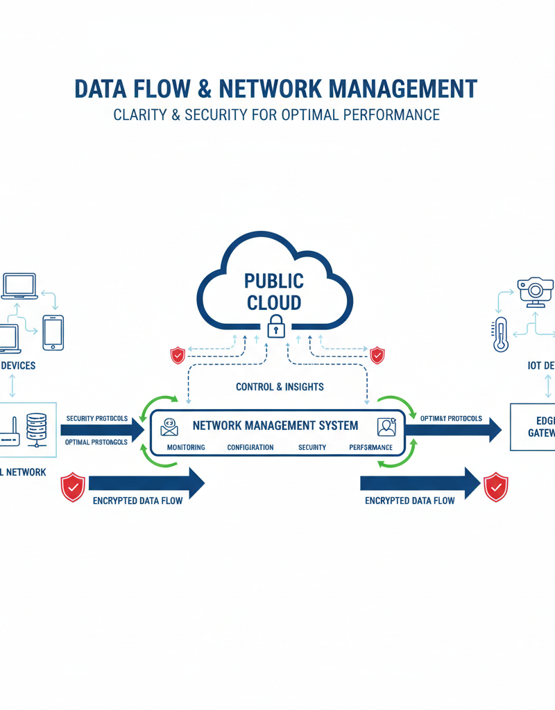 A network diagram illustrating the flow of data between different devices and the cloud, highlighting the role of network management in ensuring optimal performance.