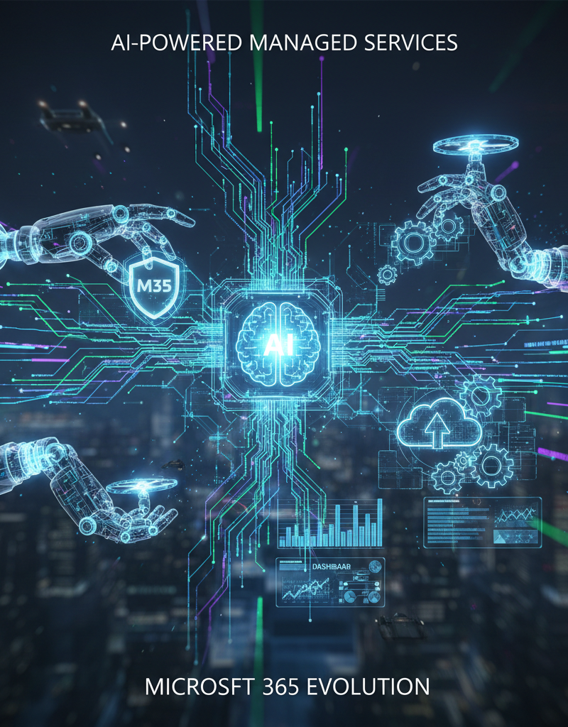 A futuristic image depicting the evolving landscape of Microsoft 365, highlighting the role of AI and automation in managed services.