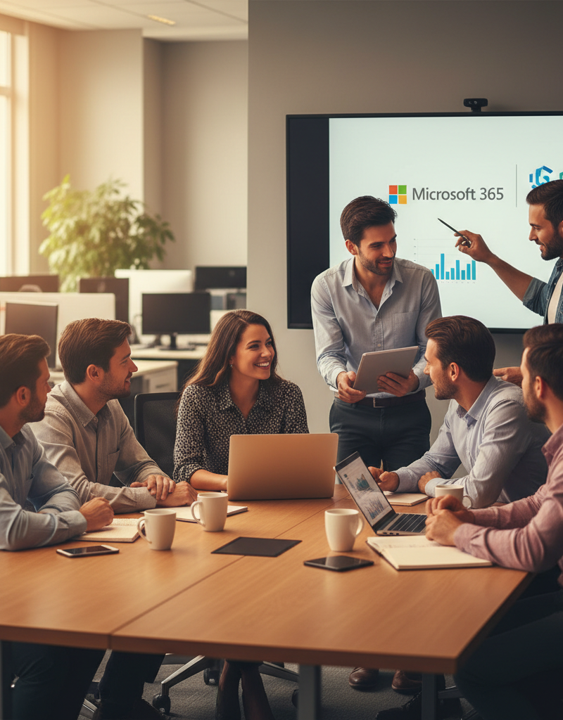 A professional team working collaboratively in an office environment, representing the partnership between a business and their Microsoft 365 MSP.