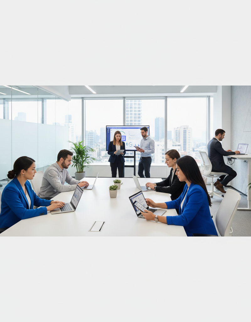 A business team collaborating on a project using Microsoft Teams on various devices, including laptops, tablets, and smartphones. The background shows a modern office environment.