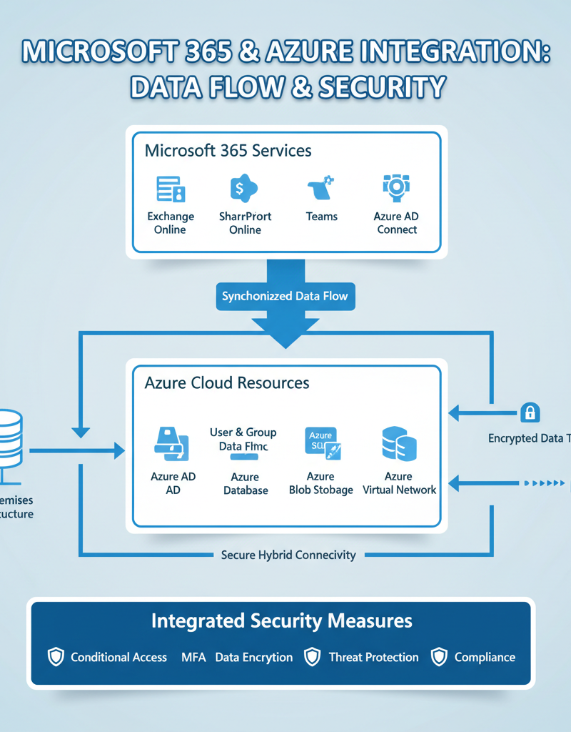 A network diagram illustrating the integration of Microsoft 365 services with Azure cloud resources, highlighting data flow and security measures.