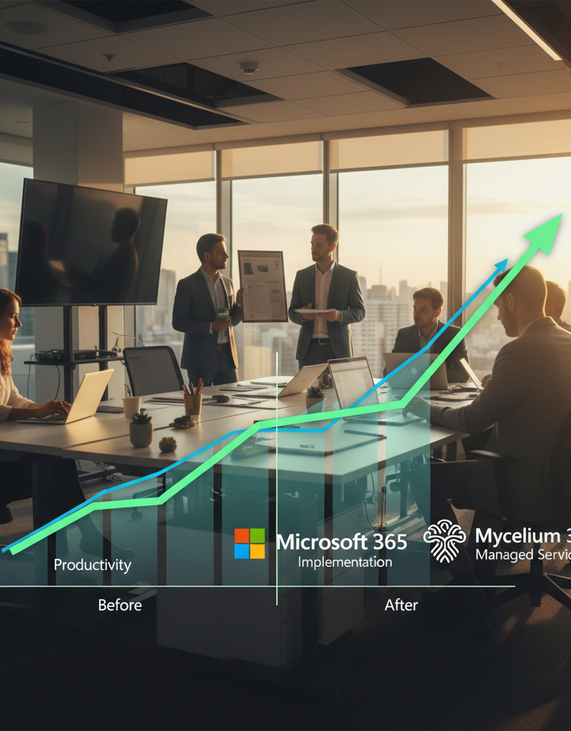 A graph showing increased productivity and efficiency after implementing Microsoft 365 with the help of Mycelium 365, visually representing the benefits of managed services.