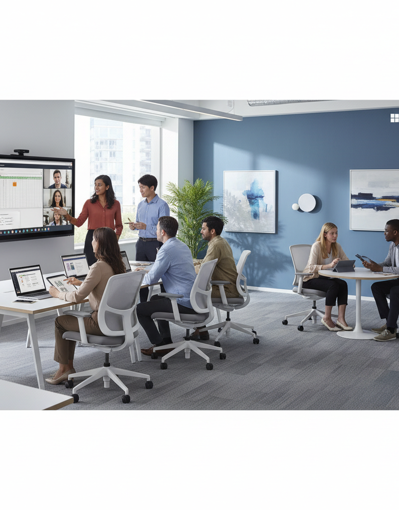 A diverse team collaborating seamlessly in a modern office environment, using Microsoft 365 applications on various devices.