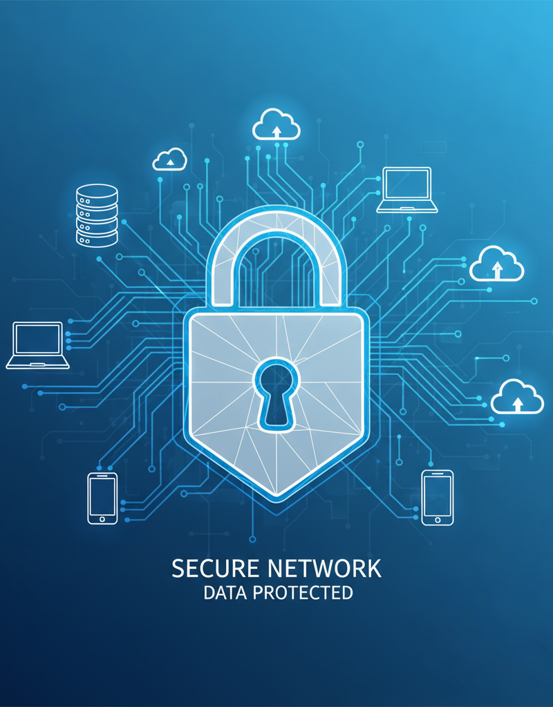 A digital padlock icon overlaid on a network of interconnected devices and data streams, symbolising robust cybersecurity.